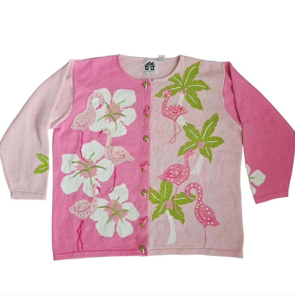 Storybook Knits Vtg Pink Flamingo Novelty Embroidered Cardigan Sz 2X Cottagecore